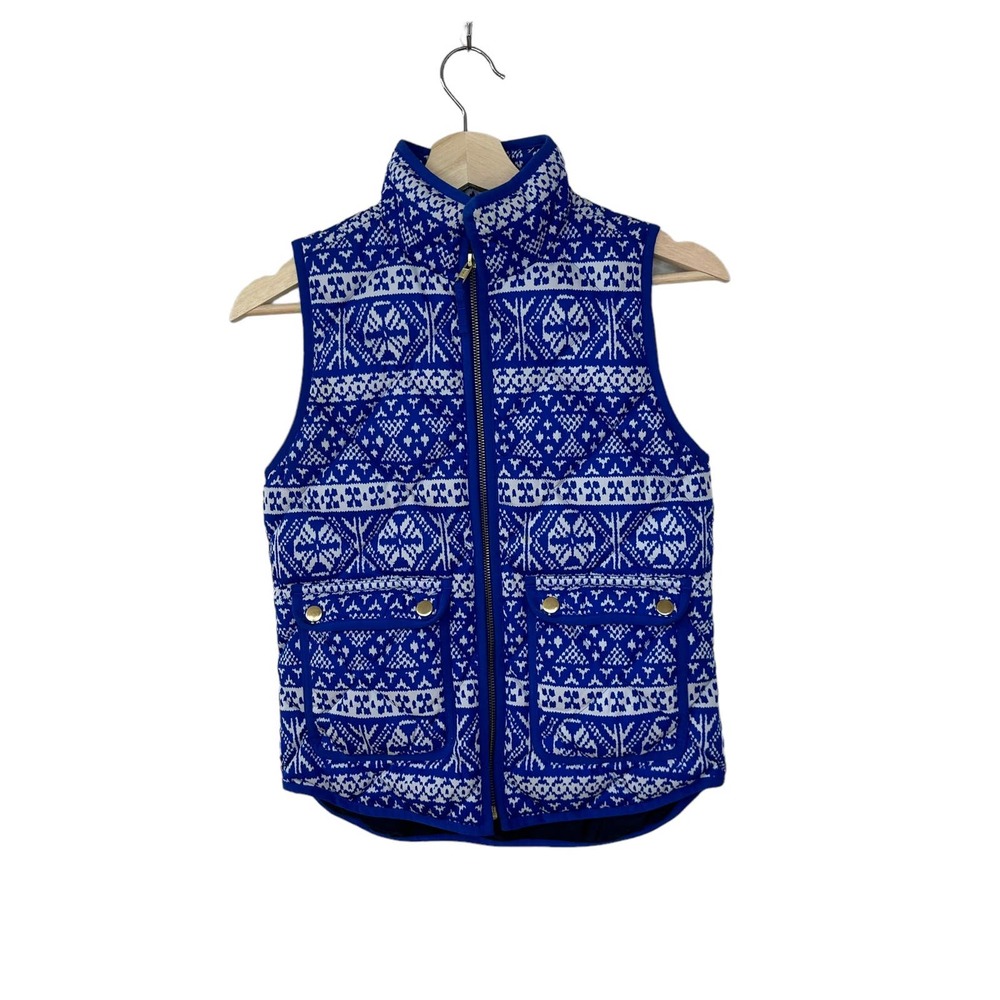 J. Crew Fair Isle Excursion Nordic Print Puffer Down Vest Full Zip Blue PXXS